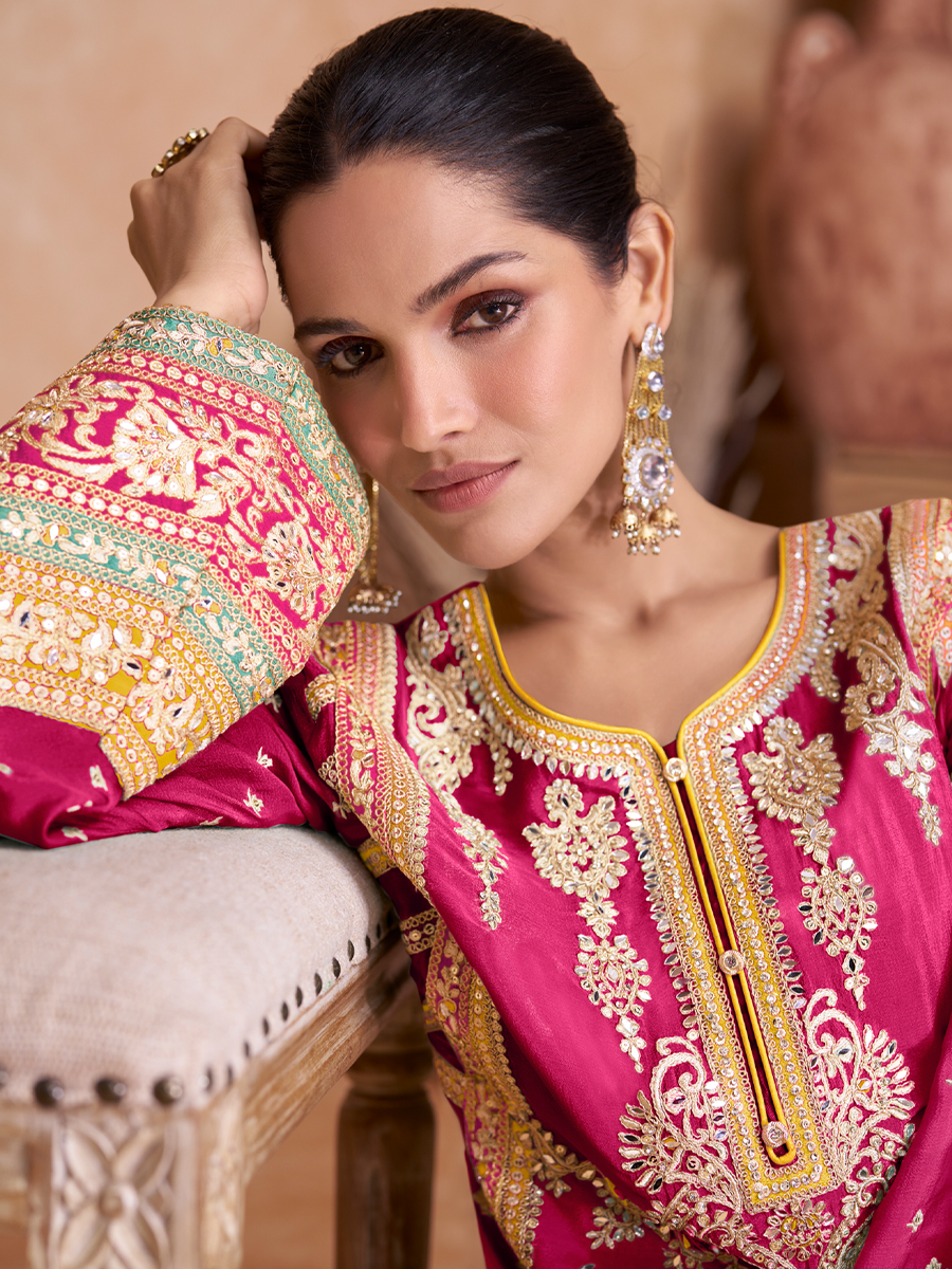 Pink Real Chinon Embroidered Festival Wedding Palazzo Pant Salwar Kameez