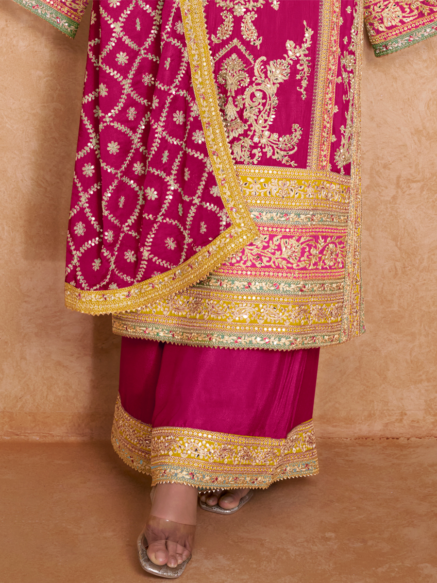 Pink Real Chinon Embroidered Festival Wedding Palazzo Pant Salwar Kameez
