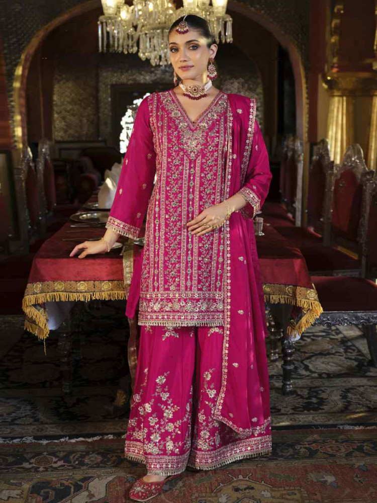 Image of Pink Real Chinon Embroidered Party Wedding Ready Palazzo Pant Salwar Kameez