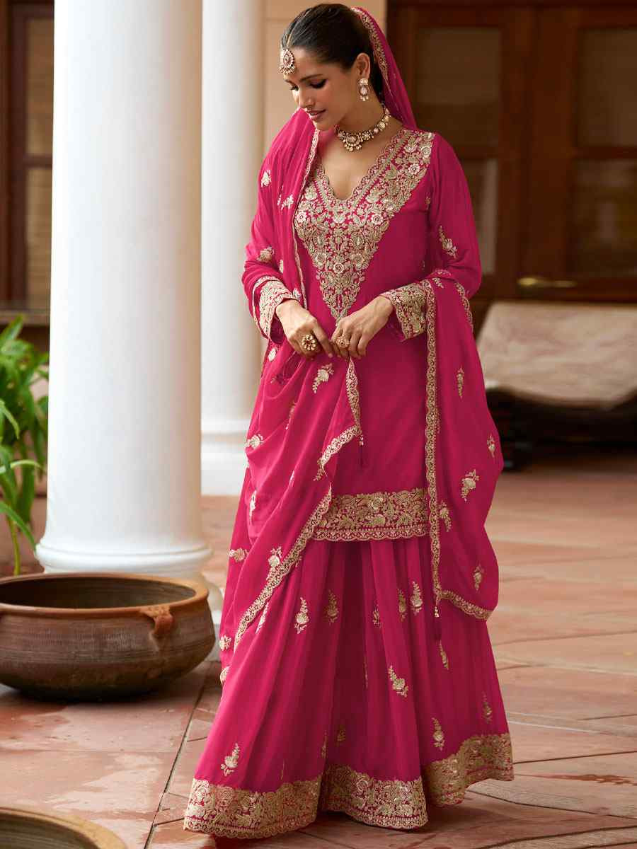 Pink Real Chinon Embroidered Party Wedding Ready Palazzo Pant Salwar Kameez