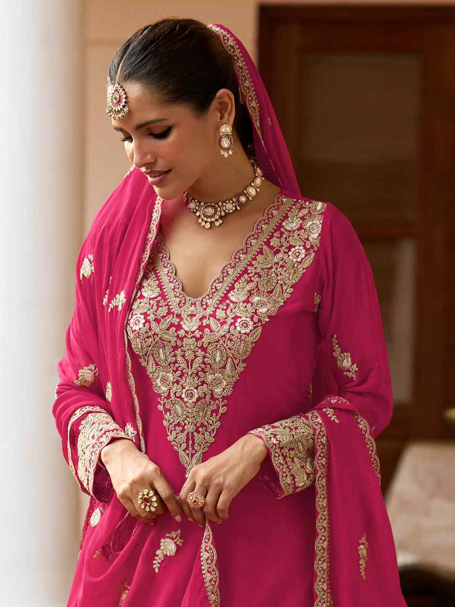 Pink Real Chinon Embroidered Party Wedding Ready Palazzo Pant Salwar Kameez