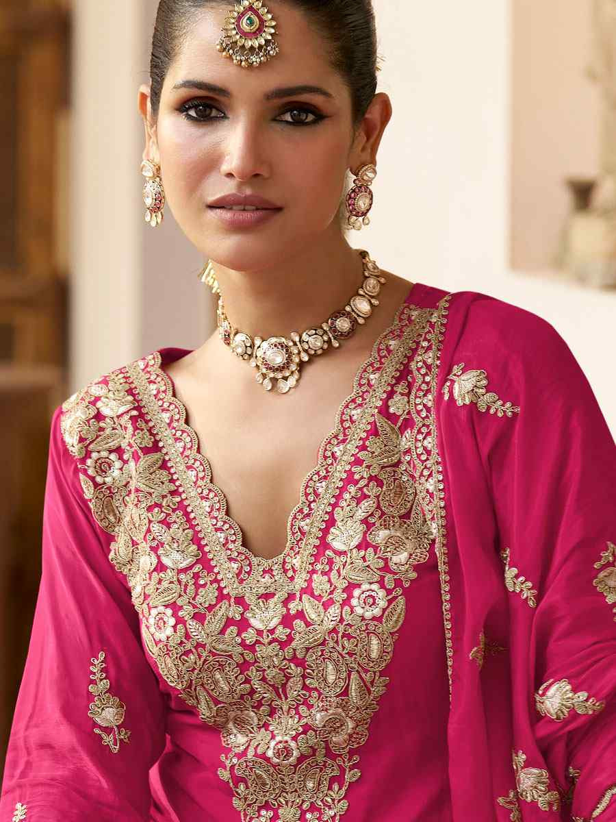 Pink Real Chinon Embroidered Party Wedding Ready Palazzo Pant Salwar Kameez