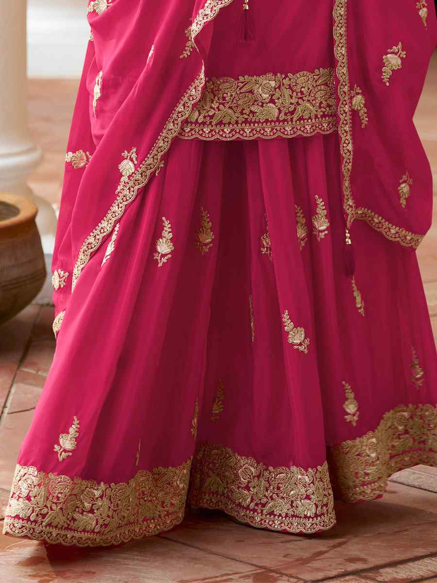 Pink Real Chinon Embroidered Party Wedding Ready Palazzo Pant Salwar Kameez