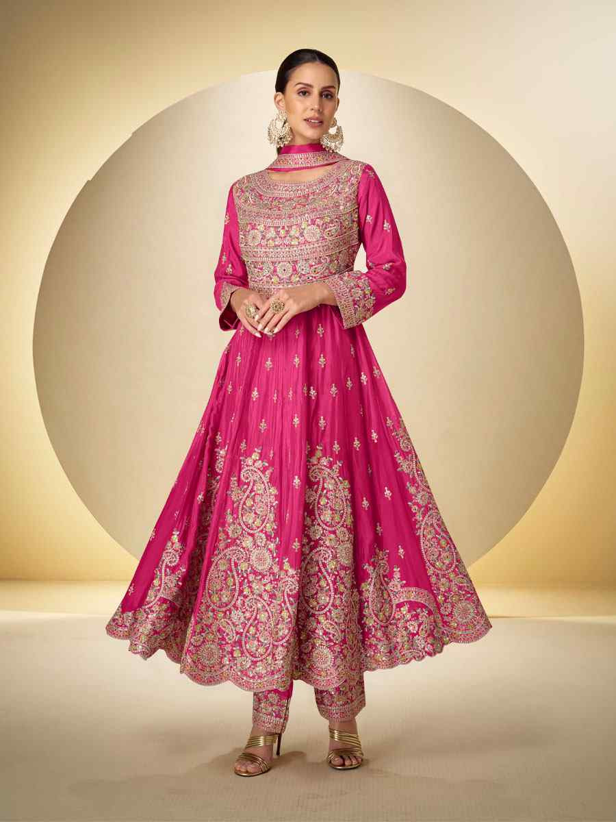 Pink Real Chinon Embroidered Party Wedding Ready Pant Salwar Kameez