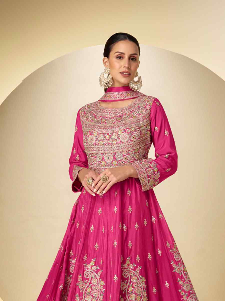 Pink Real Chinon Embroidered Party Wedding Ready Pant Salwar Kameez