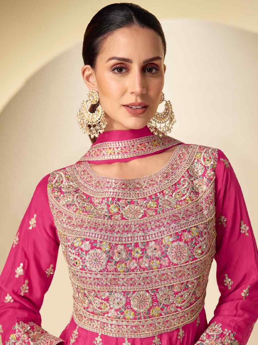 Pink Real Chinon Embroidered Party Wedding Ready Pant Salwar Kameez
