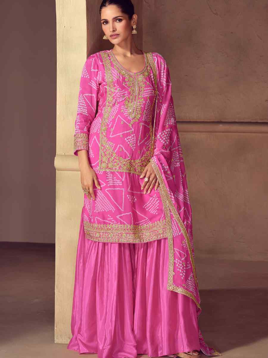 Pink Real Chinon Embroidered Party Wedding Ready Sharara Pant Salwar Kameez