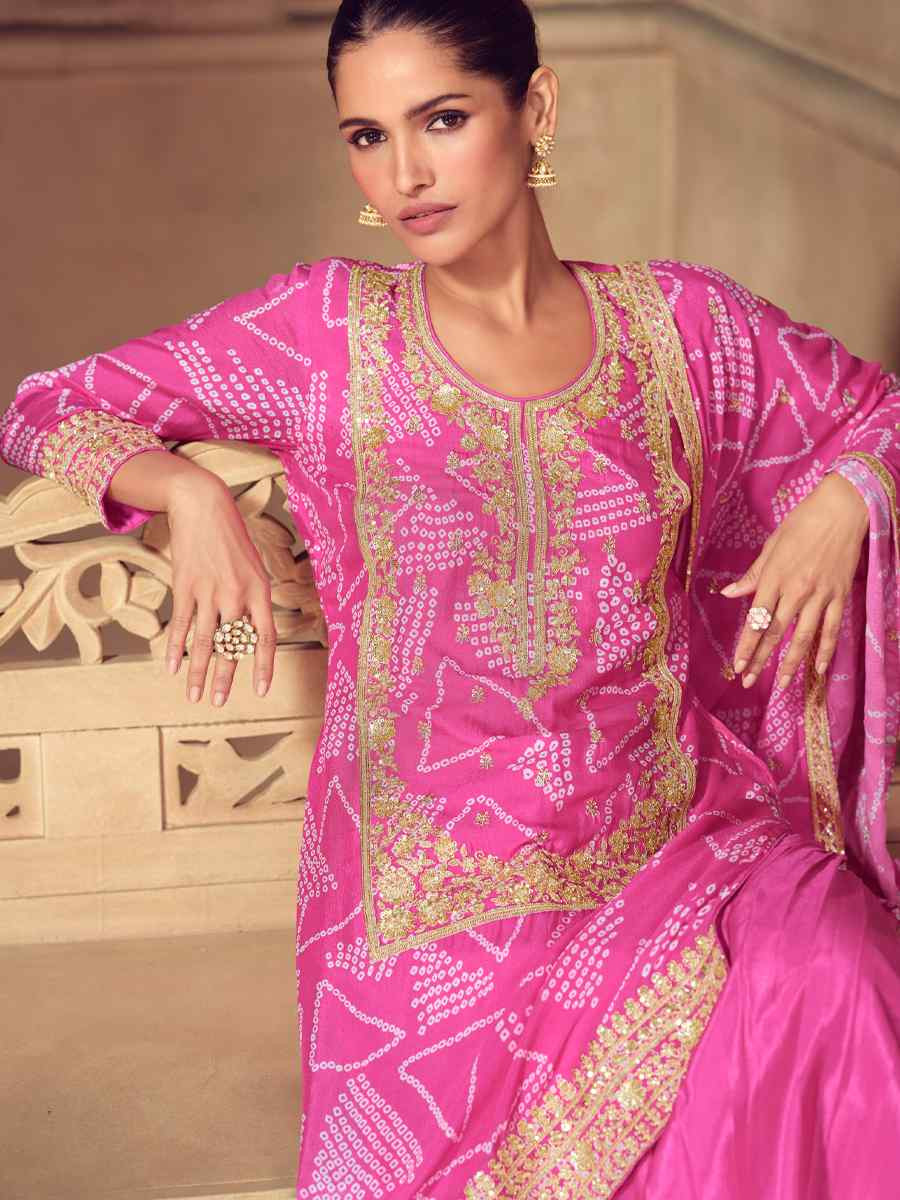 Pink Real Chinon Embroidered Party Wedding Ready Sharara Pant Salwar Kameez