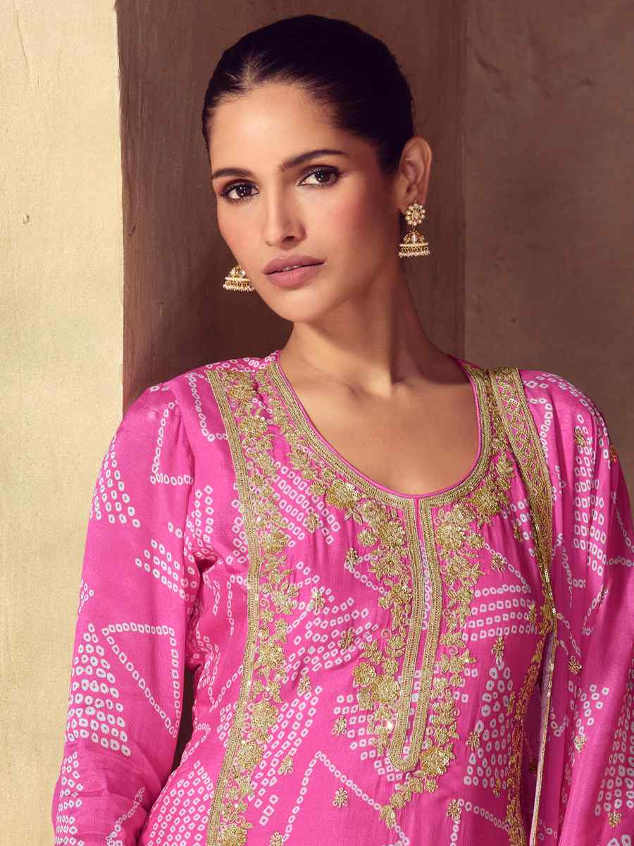 Pink Real Chinon Embroidered Party Wedding Ready Sharara Pant Salwar Kameez