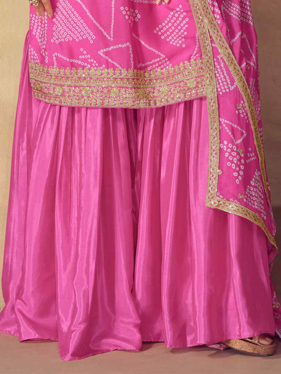 Pink Real Chinon Embroidered Party Wedding Ready Sharara Pant Salwar Kameez