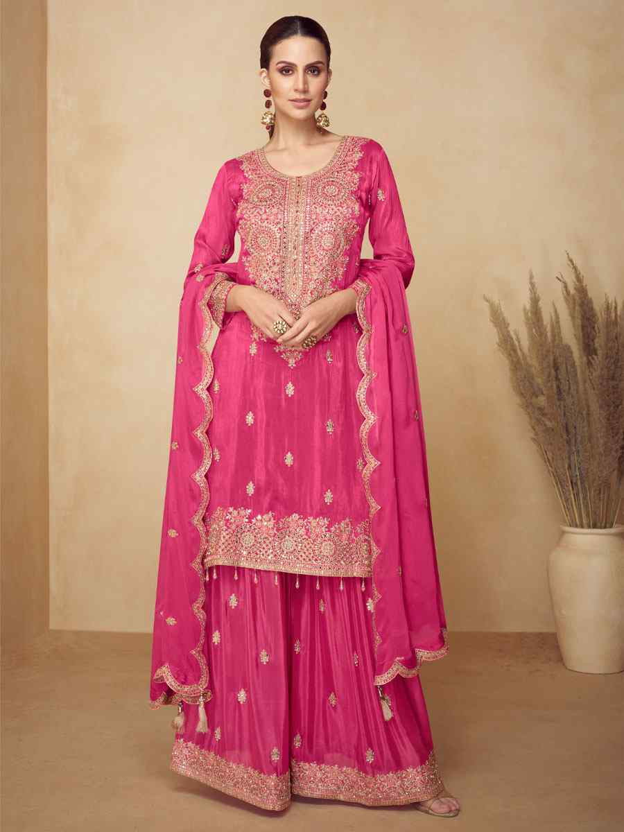 Pink Real Chinon Embroidery Party Wedding Festival Casual Ready Palazzo Pant Salwar Kameez