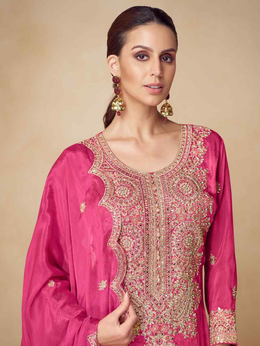 Pink Real Chinon Embroidery Party Wedding Festival Casual Ready Palazzo Pant Salwar Kameez