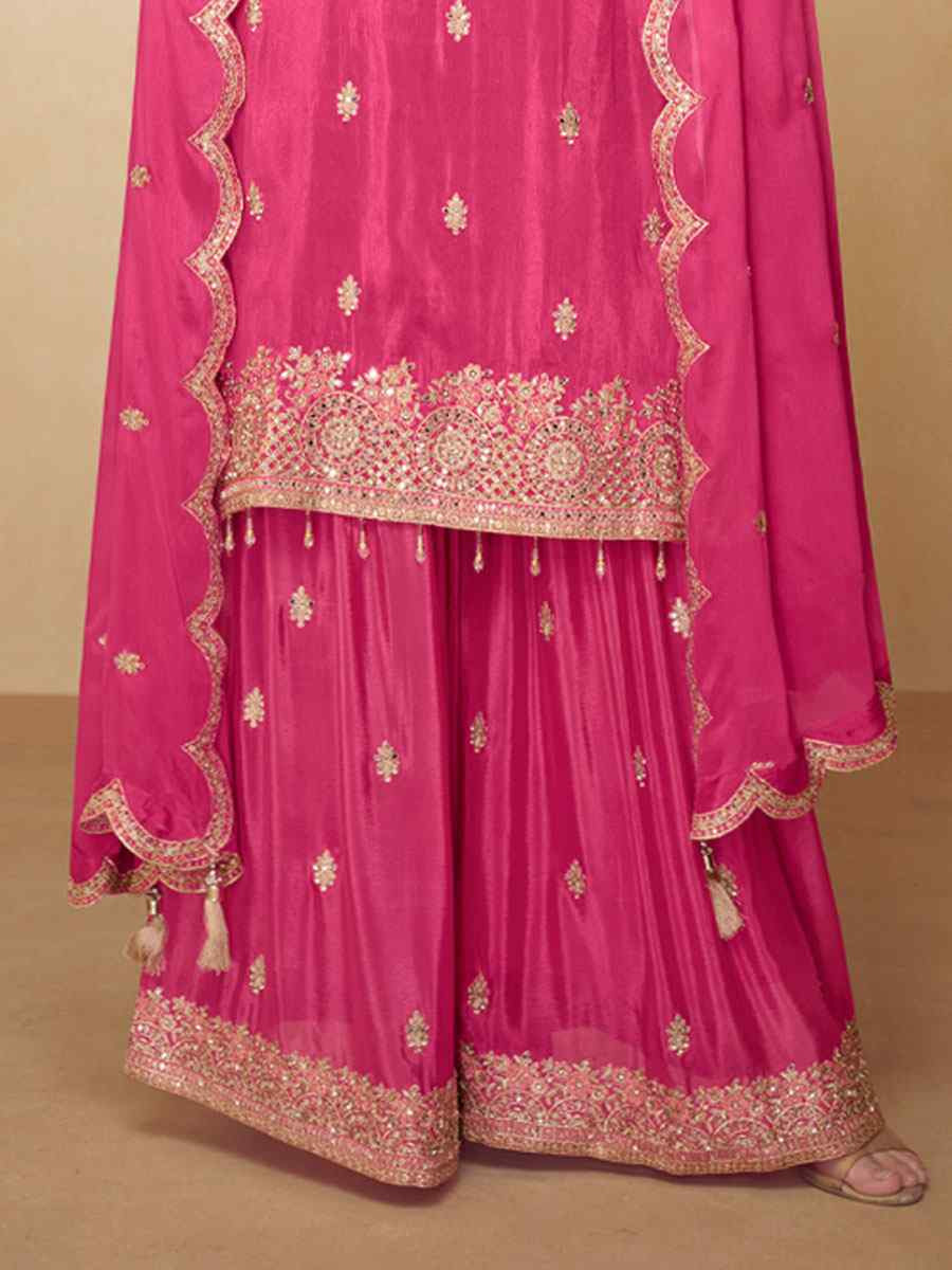 Pink Real Chinon Embroidery Party Wedding Festival Casual Ready Palazzo Pant Salwar Kameez