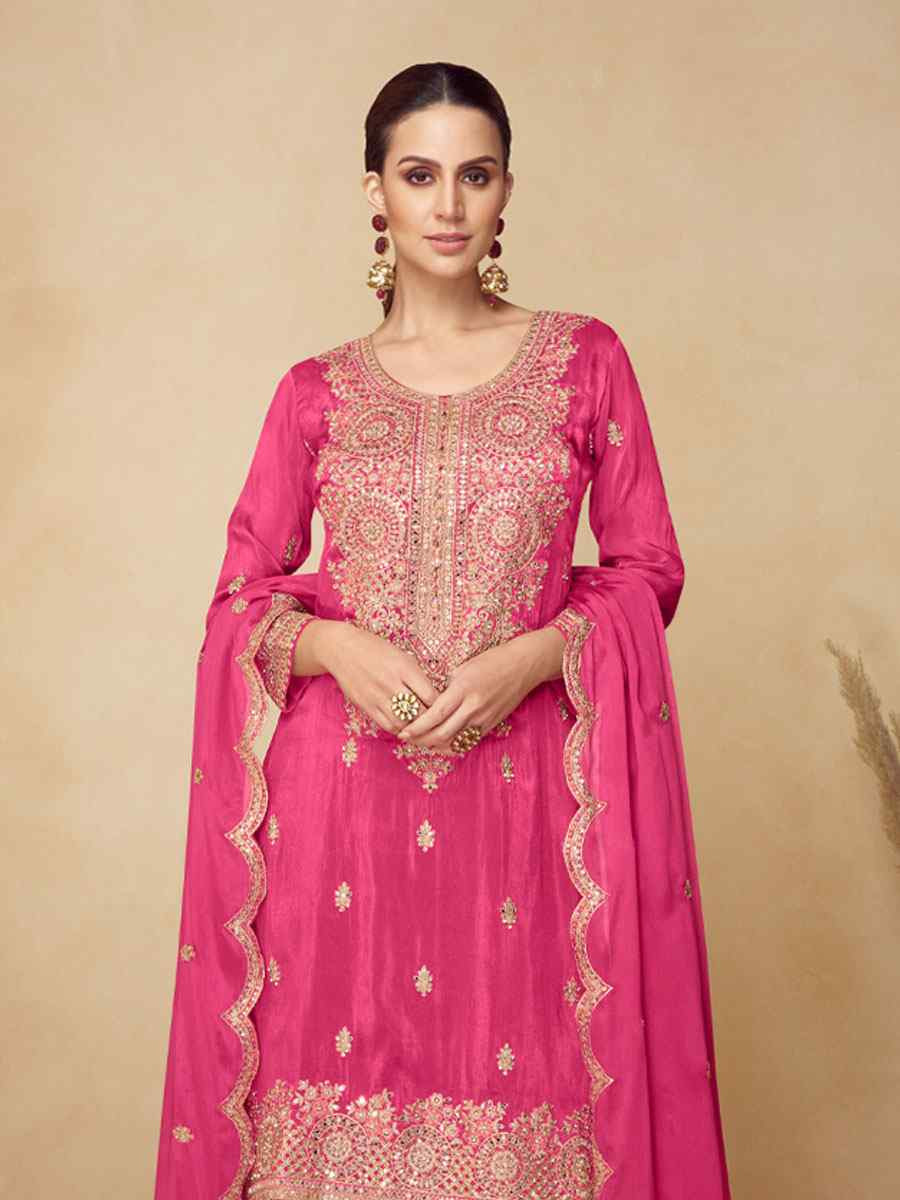 Pink Real Chinon Embroidery Party Wedding Festival Casual Ready Palazzo Pant Salwar Kameez