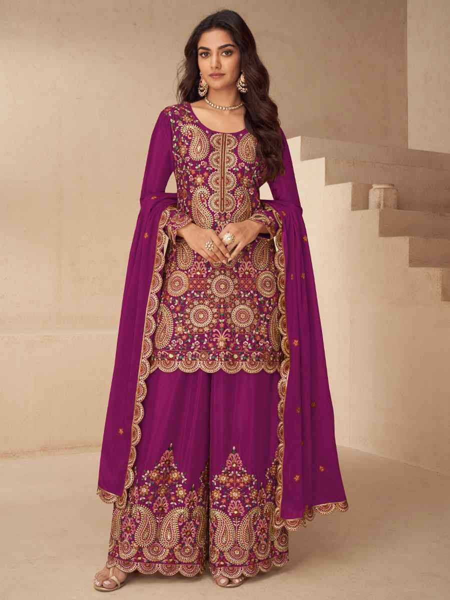 Pink Real Chinon Embroidery Party Wedding Festival Casual Ready Palazzo Pant Salwar Kameez