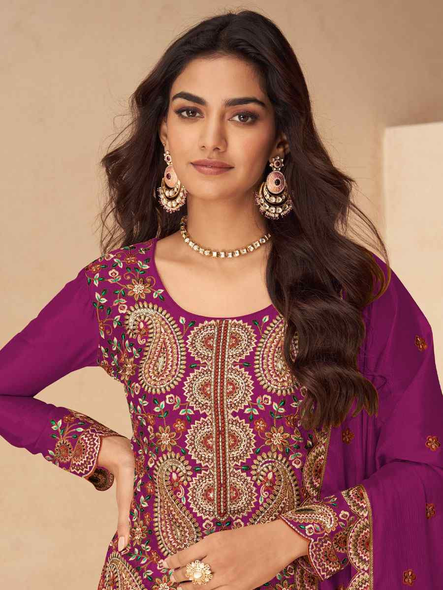 Pink Real Chinon Embroidery Party Wedding Festival Casual Ready Palazzo Pant Salwar Kameez