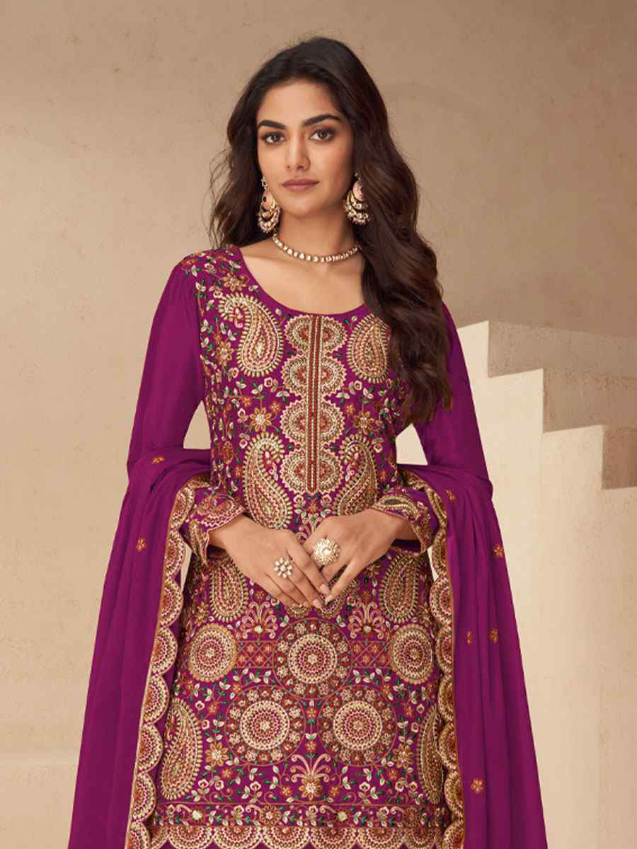 Pink Real Chinon Embroidery Party Wedding Festival Casual Ready Palazzo Pant Salwar Kameez