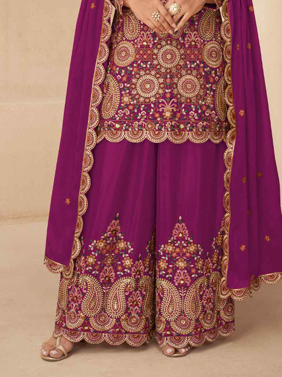 Pink Real Chinon Embroidery Party Wedding Festival Casual Ready Palazzo Pant Salwar Kameez