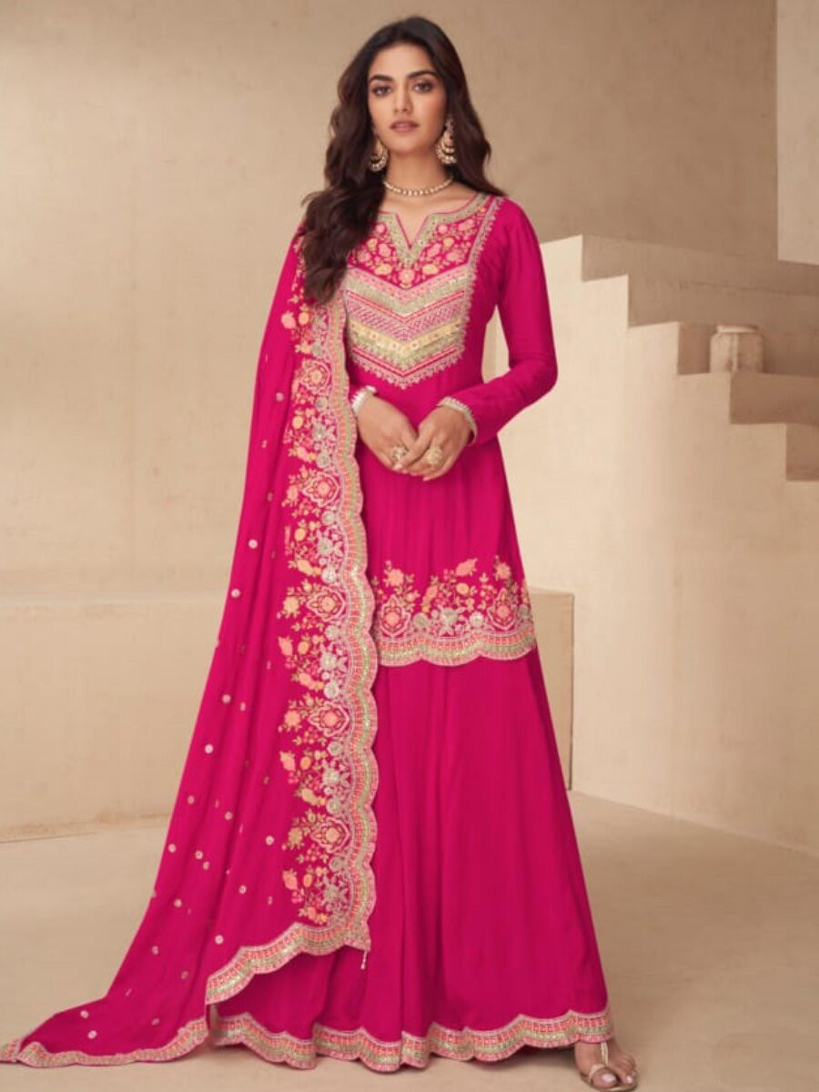 Pink Real Chinon Embroidery Wedding Party Festival Casual Ready Palazzo Pant Salwar Kameez