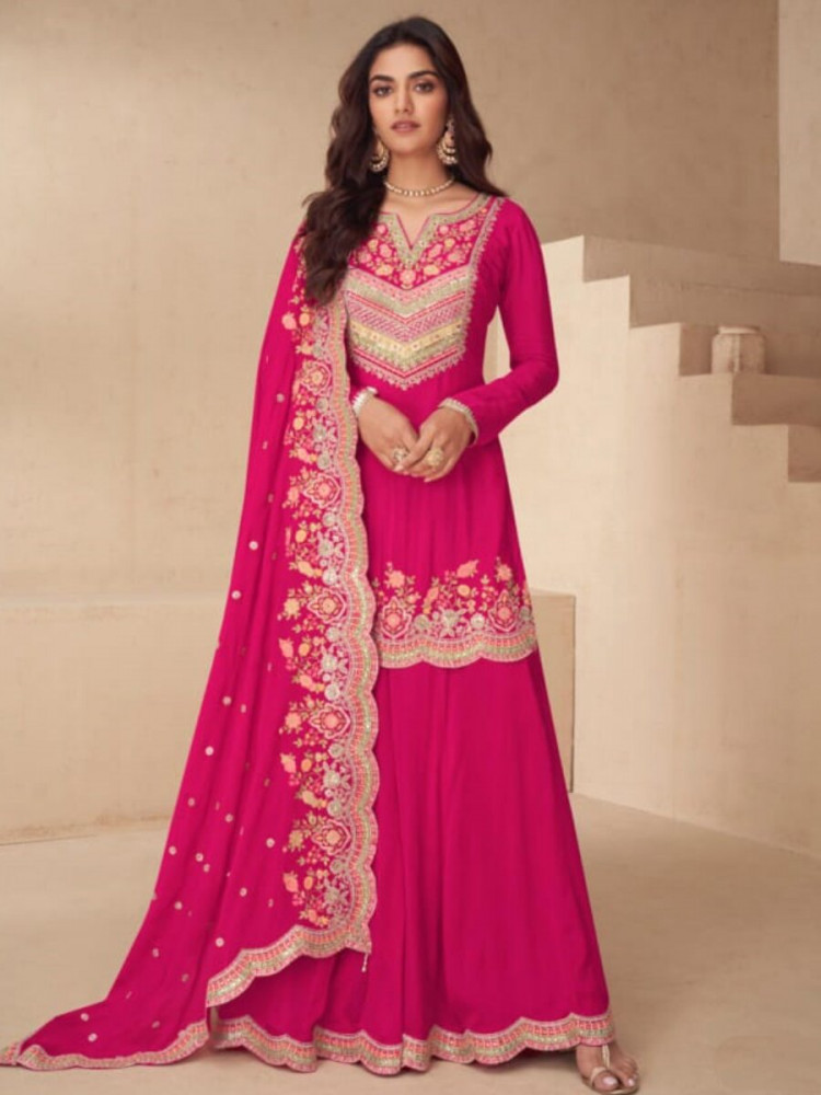 Image of Pink Real Chinon Embroidery Wedding Party Festival Casual Ready Palazzo Pant Salwar Kameez
