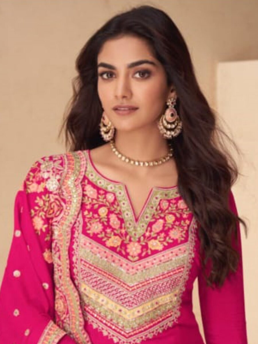 Pink Real Chinon Embroidery Wedding Party Festival Casual Ready Palazzo Pant Salwar Kameez