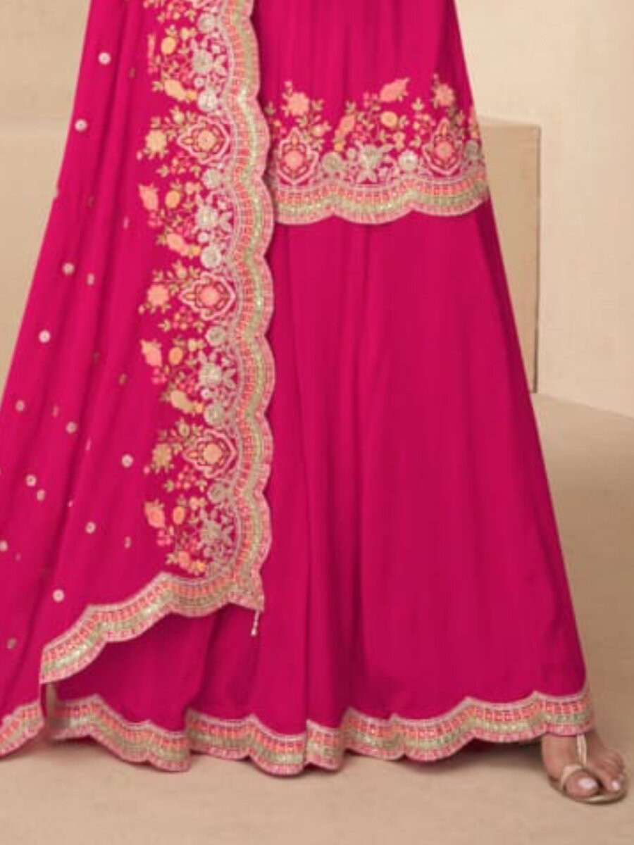 Pink Real Chinon Embroidery Wedding Party Festival Casual Ready Palazzo Pant Salwar Kameez