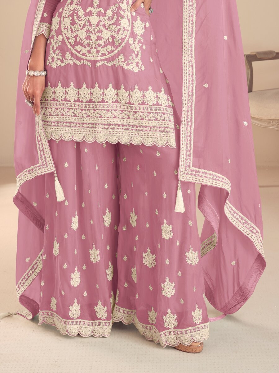 Pink Real Chinon Embroidery Wedding Party Festival Casual Ready Palazzo Pant Salwar Kameez