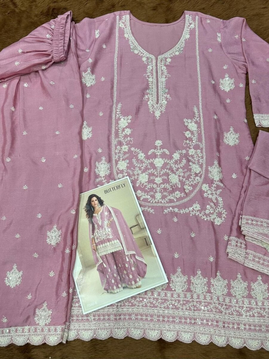 Pink Real Chinon Embroidery Wedding Party Festival Casual Ready Palazzo Pant Salwar Kameez