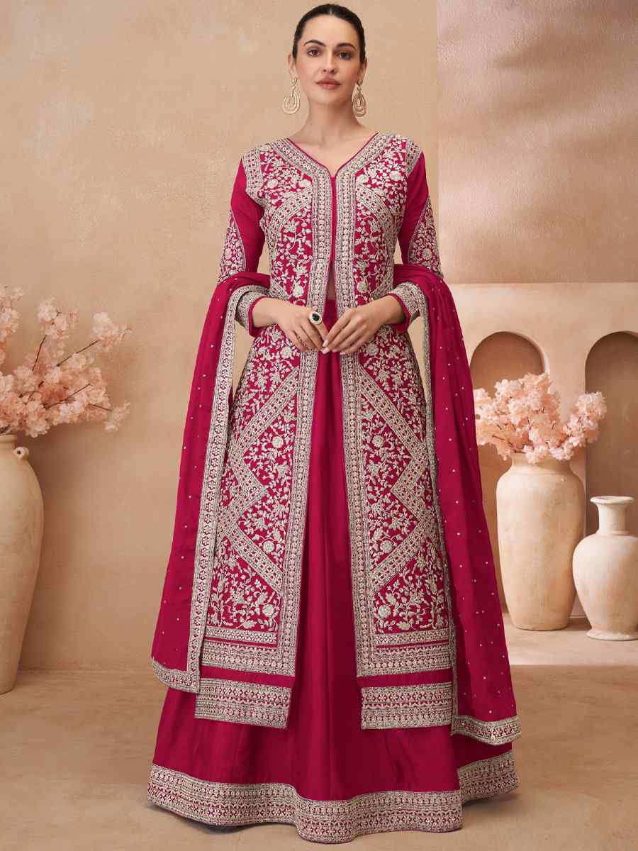 Pink Real Chinon Silk Embroidered Party Casual Ready Skirt Suit Set