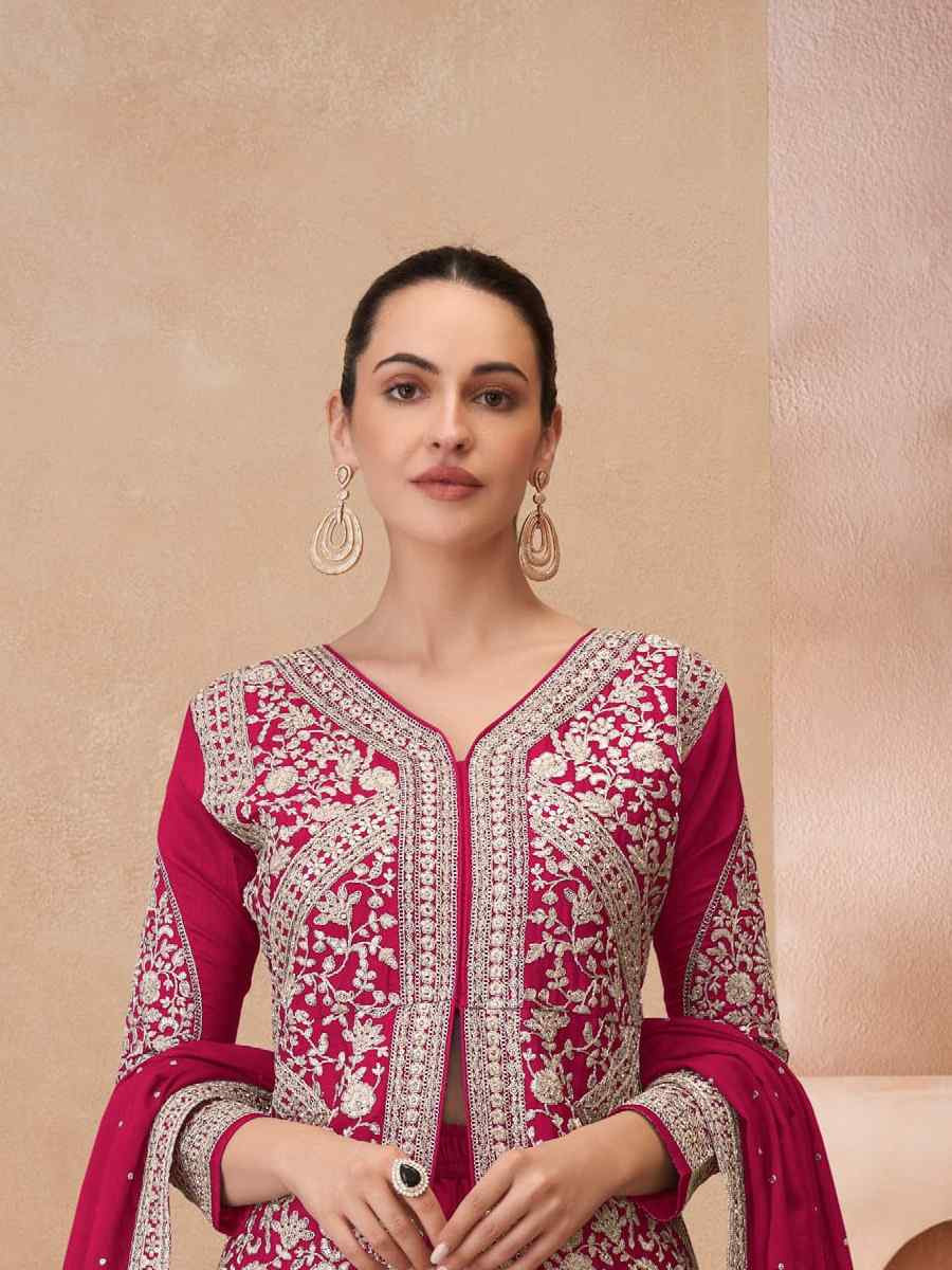 Pink Real Chinon Silk Embroidered Party Casual Ready Skirt Suit Set