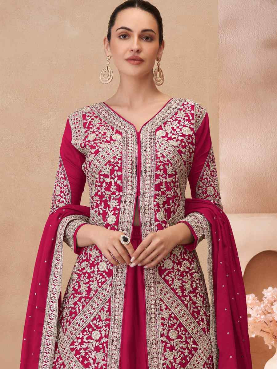 Pink Real Chinon Silk Embroidered Party Casual Ready Skirt Suit Set