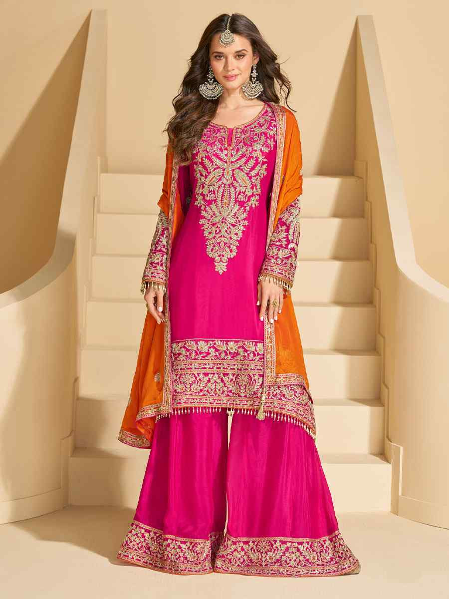 Pink Real Chinon Silk Embroidered Party Wedding Ready Palazzo Pant Salwar Kameez