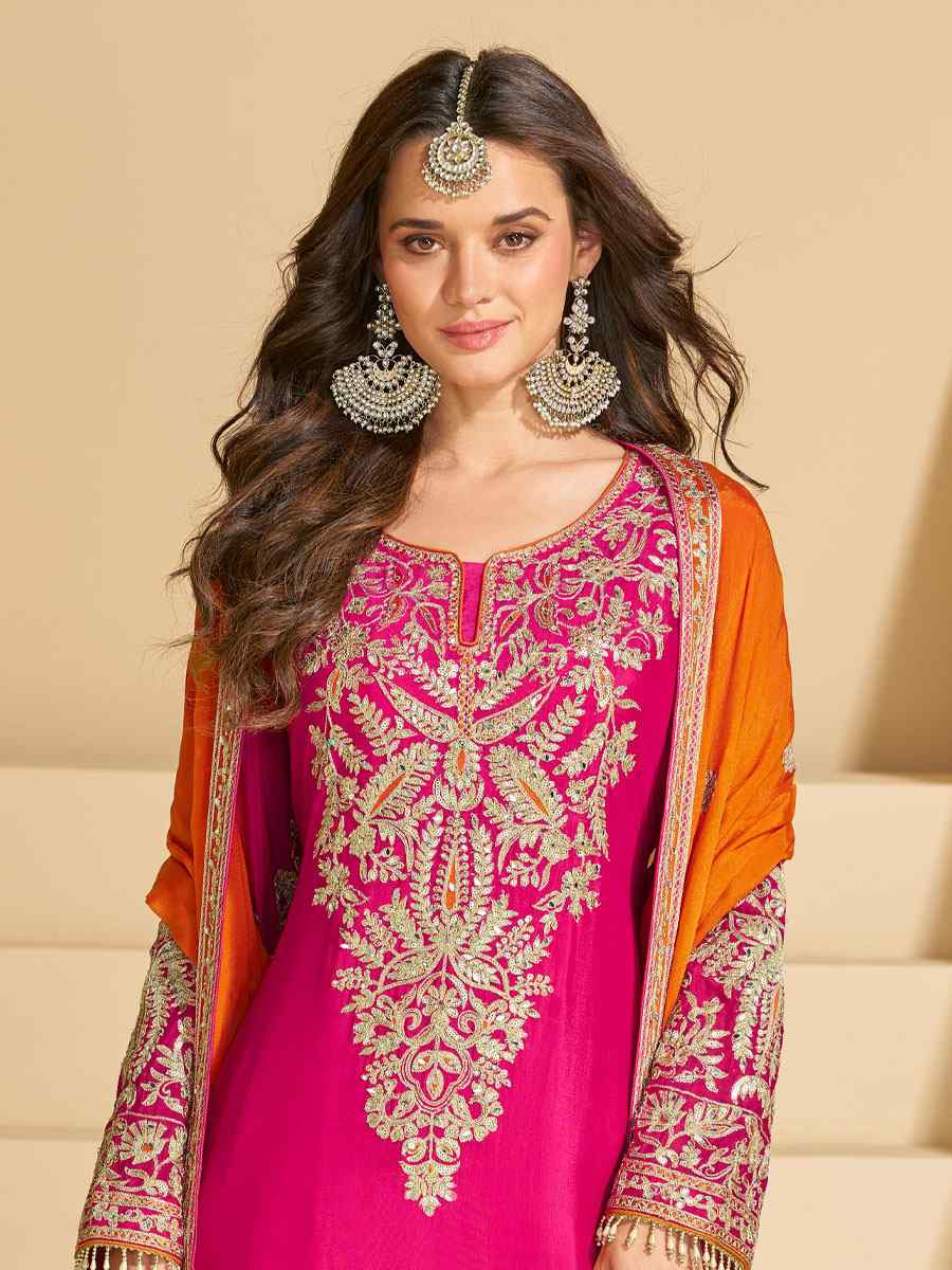 Pink Real Chinon Silk Embroidered Party Wedding Ready Palazzo Pant Salwar Kameez