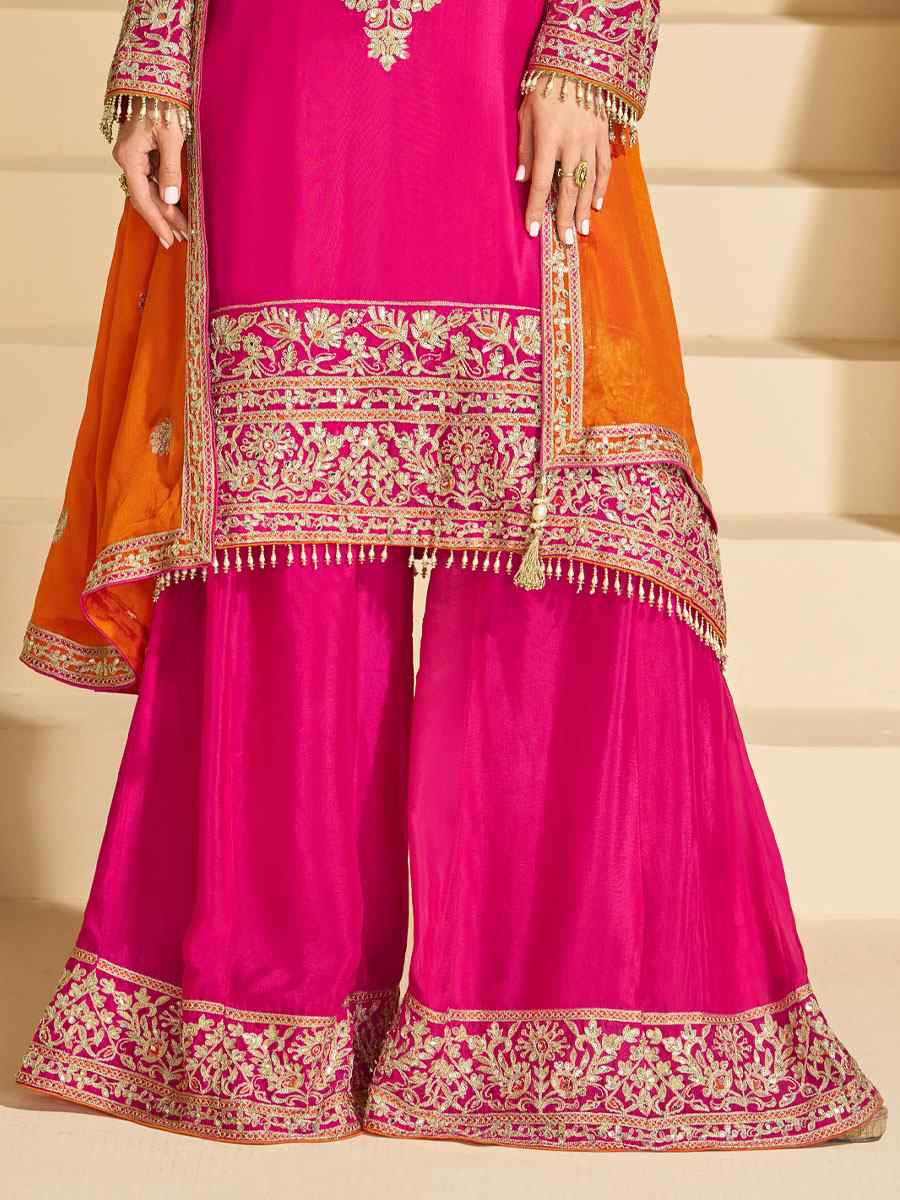 Pink Real Chinon Silk Embroidered Party Wedding Ready Palazzo Pant Salwar Kameez