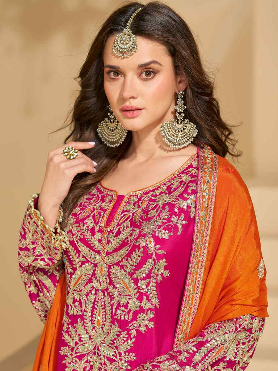 Pink Real Chinon Silk Embroidered Party Wedding Ready Palazzo Pant Salwar Kameez