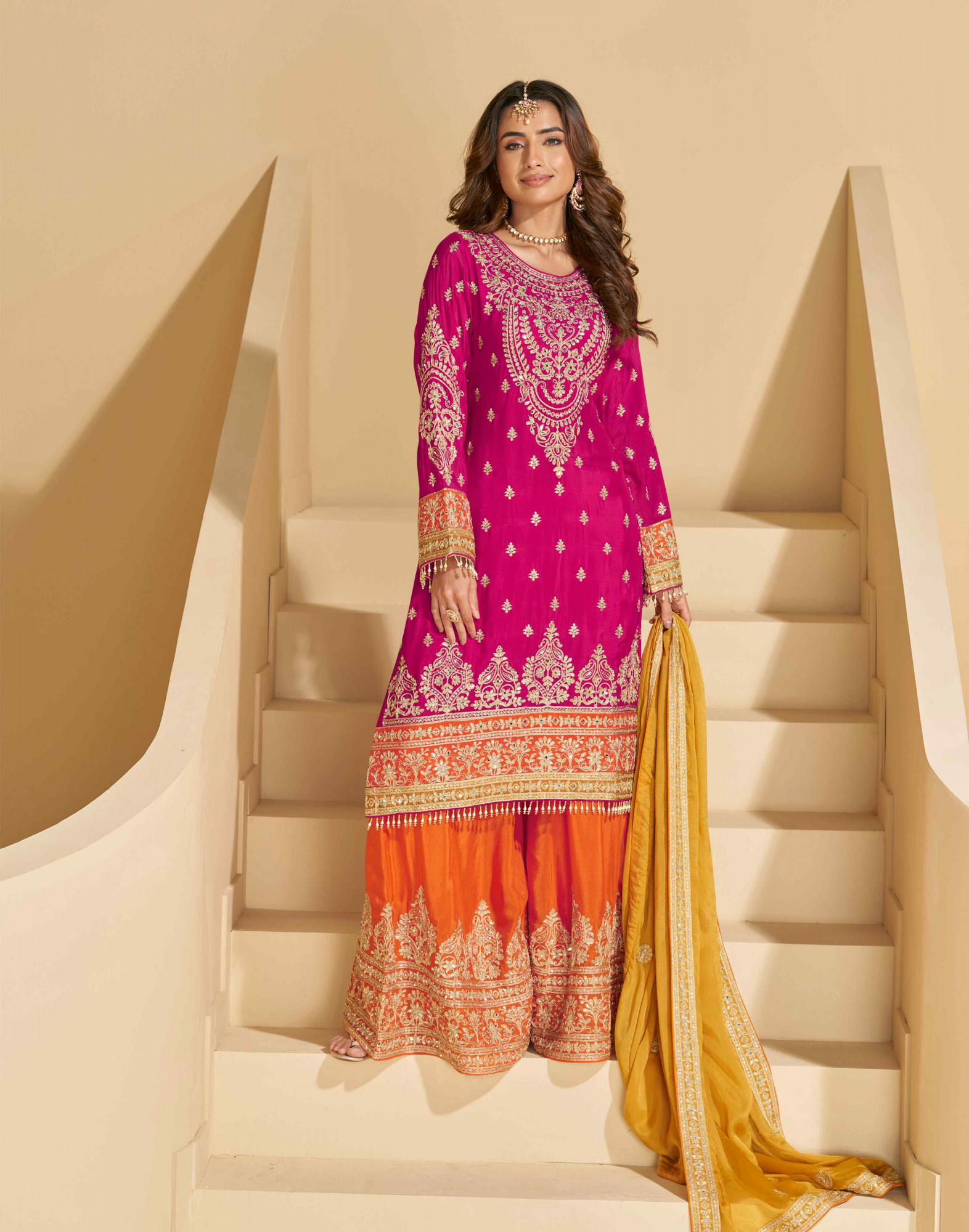 Pink Real Chinon Silk Embroidered Party Wedding Ready Palazzo Pant Salwar Kameez