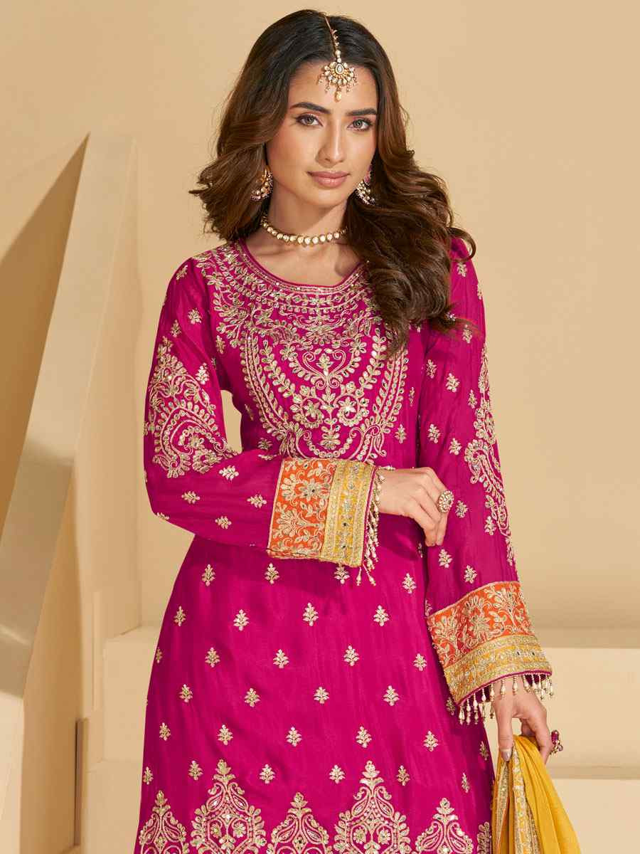 Pink Real Chinon Silk Embroidered Party Wedding Ready Palazzo Pant Salwar Kameez