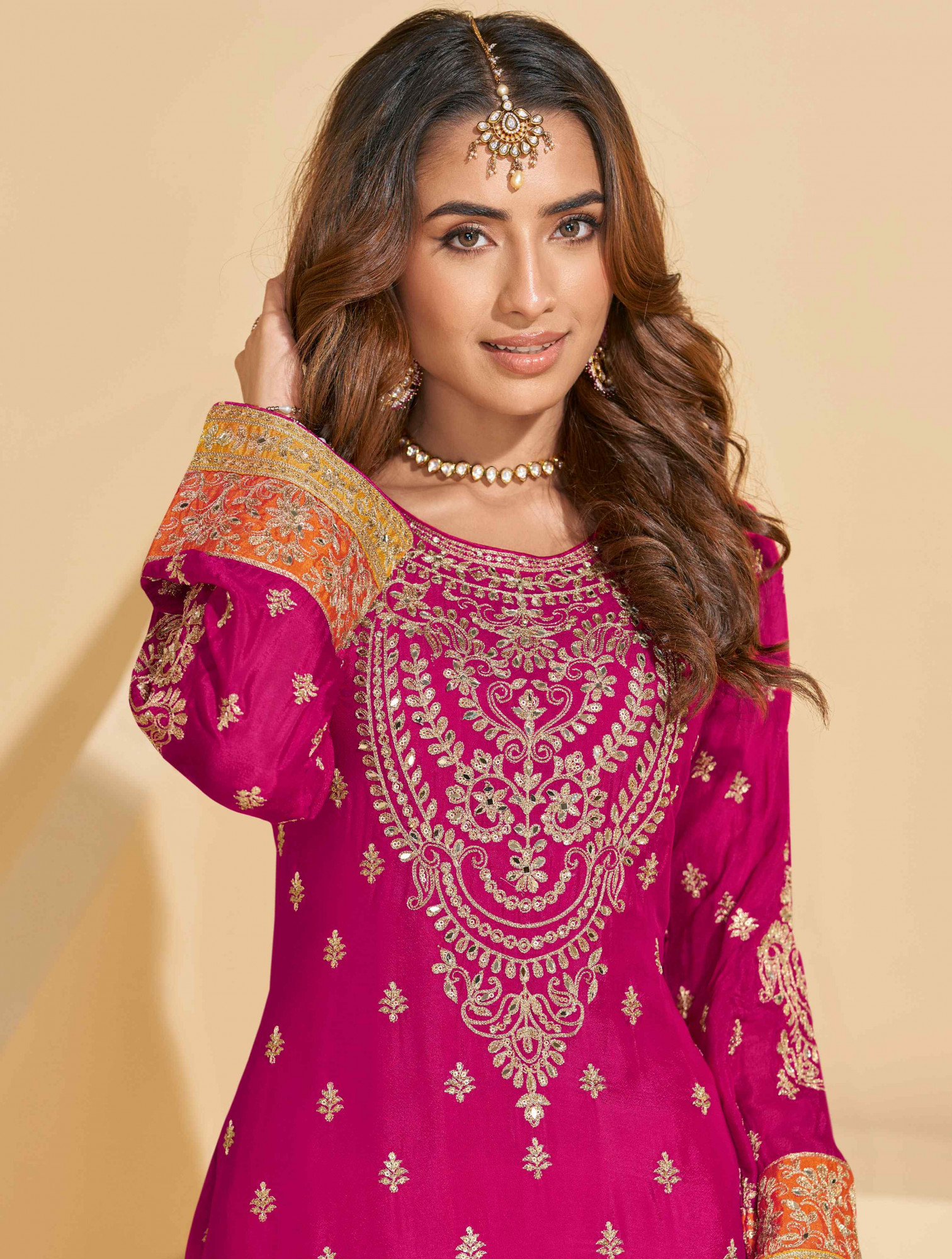 Pink Real Chinon Silk Embroidered Party Wedding Ready Palazzo Pant Salwar Kameez