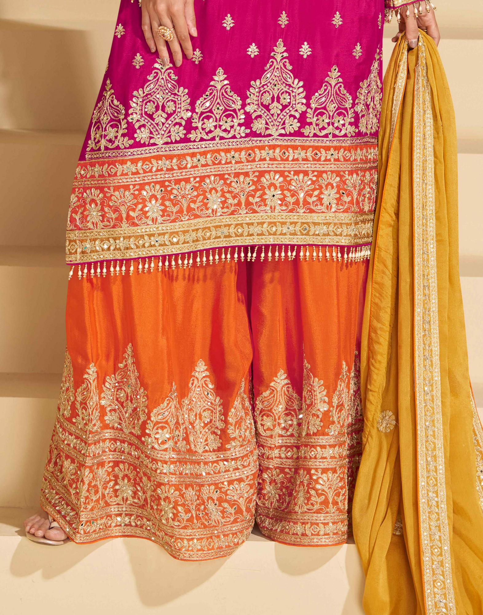 Pink Real Chinon Silk Embroidered Party Wedding Ready Palazzo Pant Salwar Kameez