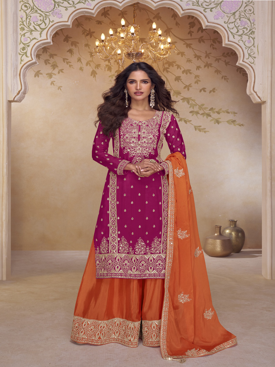 Pink Real Chinon Zari Sequins Embroidery Festival Party Wedding Reday Palazzo Pant Salwar Kameez