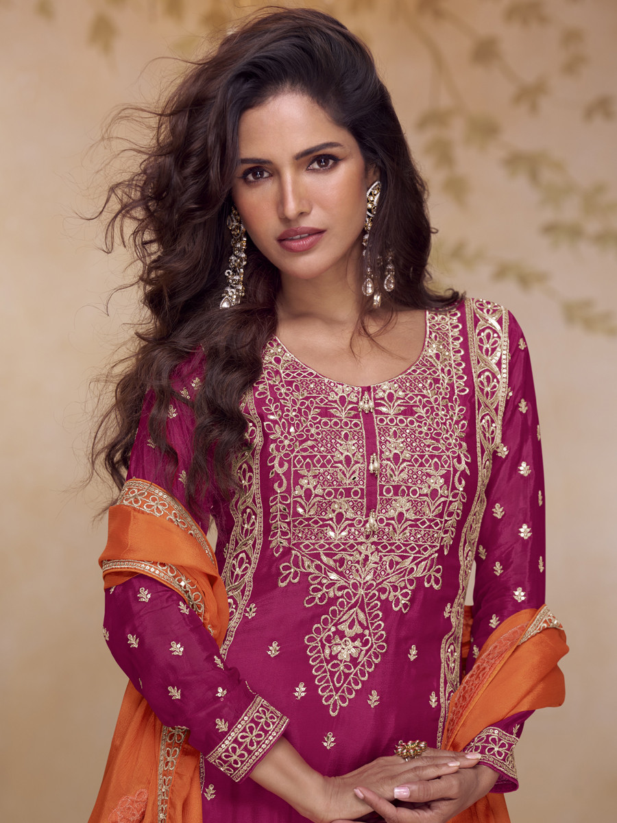 Pink Real Chinon Zari Sequins Embroidery Festival Party Wedding Reday Palazzo Pant Salwar Kameez