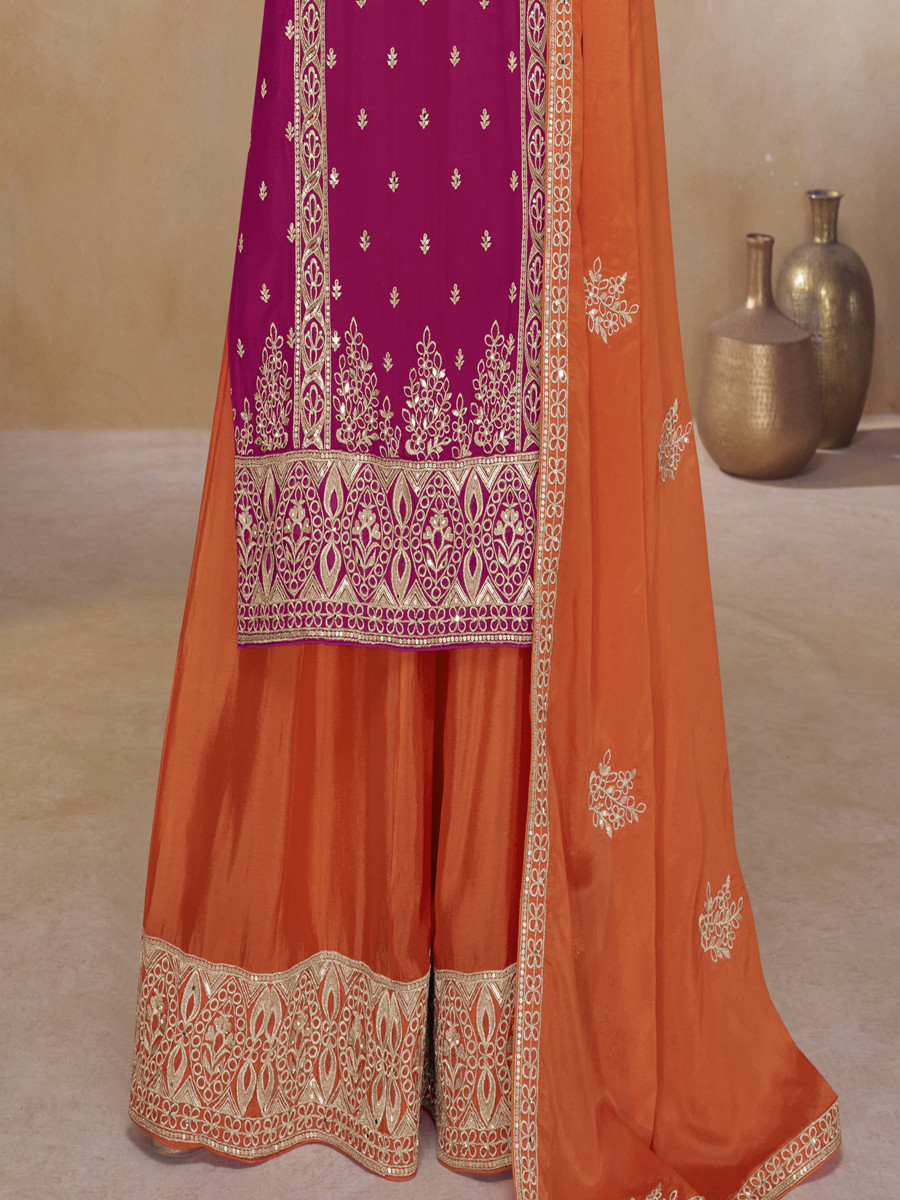 Pink Real Chinon Zari Sequins Embroidery Festival Party Wedding Reday Palazzo Pant Salwar Kameez