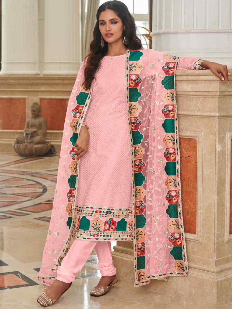 Pink Real Georgette Embroidered Festival Wedding Pant Salwar Kameez