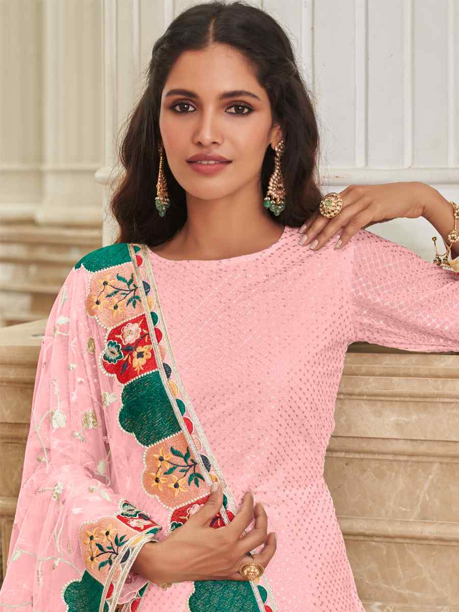 Pink Real Georgette Embroidered Festival Wedding Pant Salwar Kameez