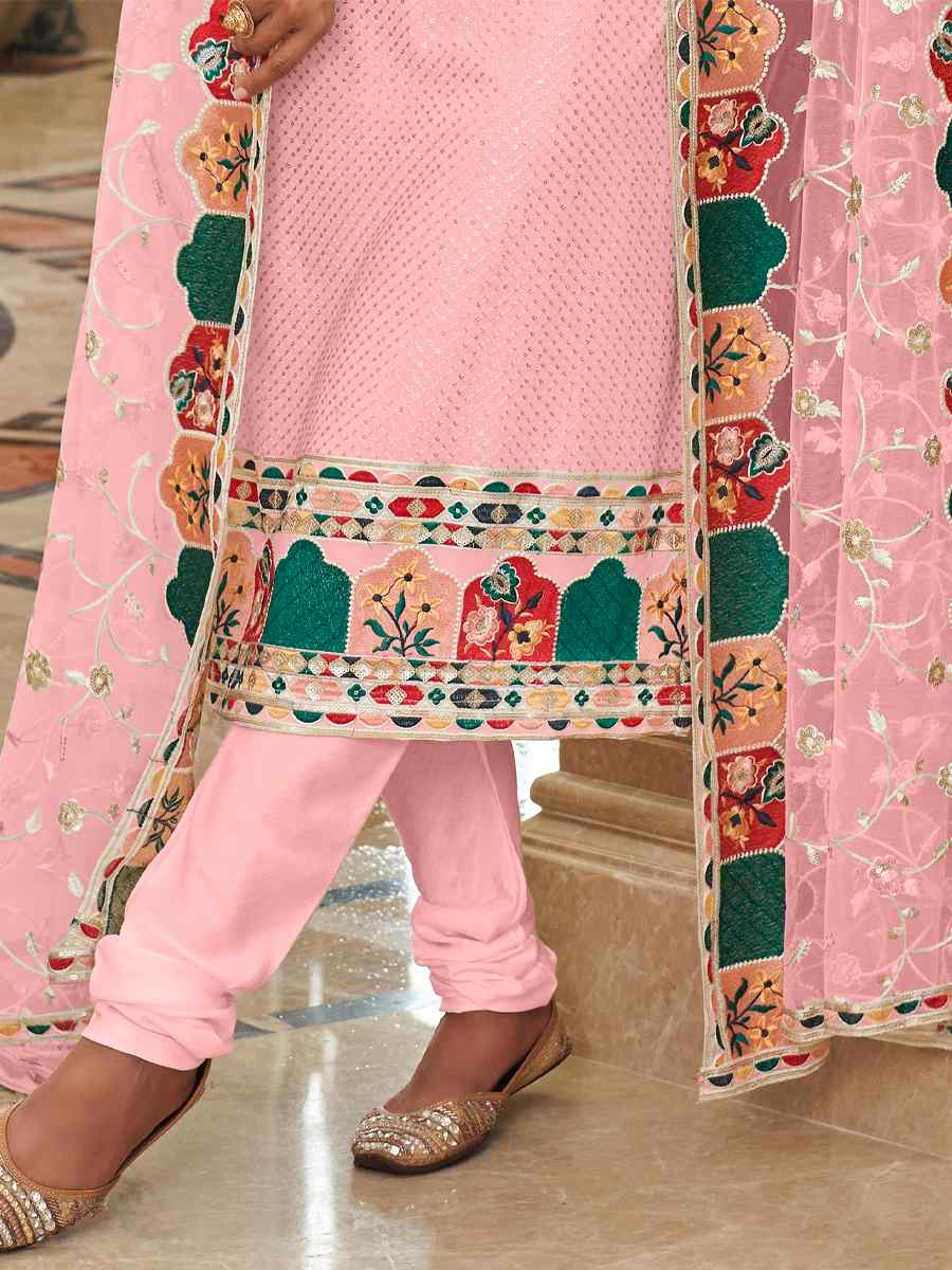 Pink Real Georgette Embroidered Festival Wedding Pant Salwar Kameez