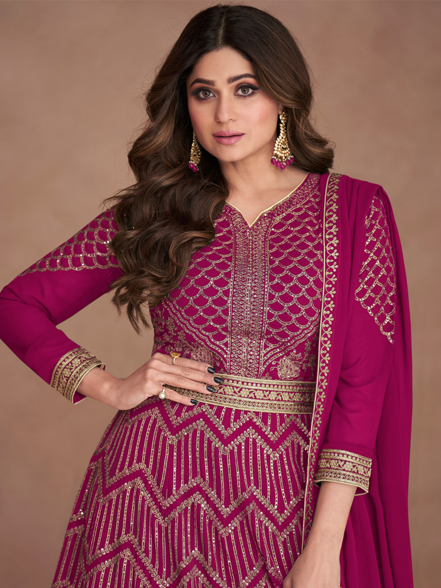 Pink Real Georgette Embroidered Festival Wedding Ready Anarkali Bollywood Style Salwar Kameez