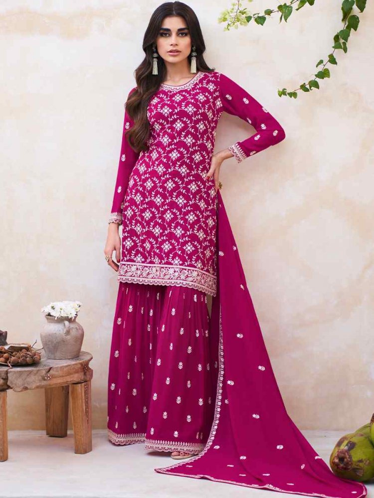 Pink Real Georgette Embroidered Festival Wedding Ready Sharara Pant Salwar Kameez