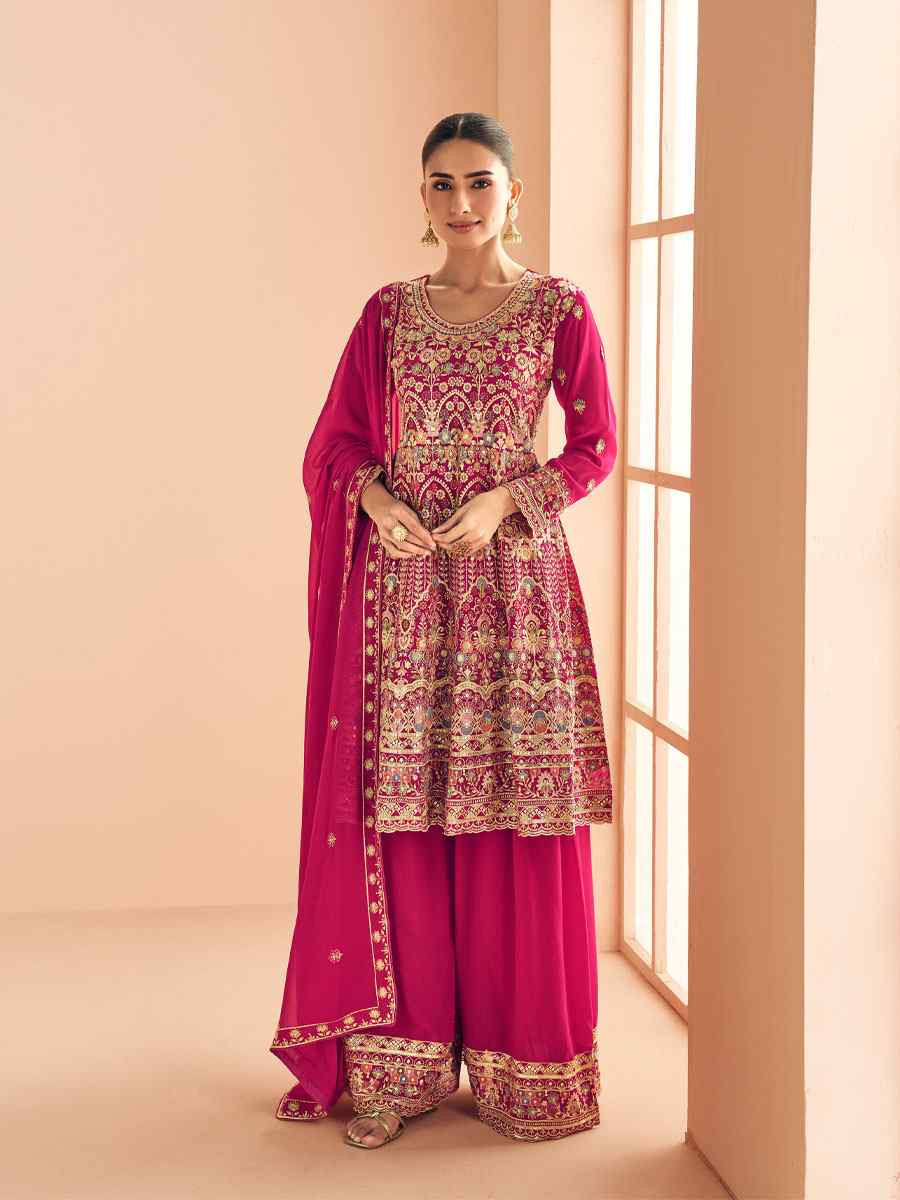 Pink Real Georgette Embroidered Party Wedding Ready Palazzo Pant Salwar Kameez