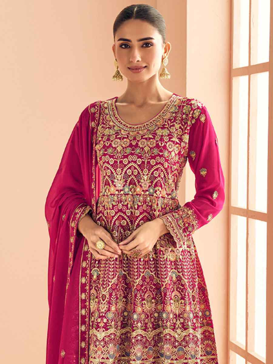 Pink Real Georgette Embroidered Party Wedding Ready Palazzo Pant Salwar Kameez