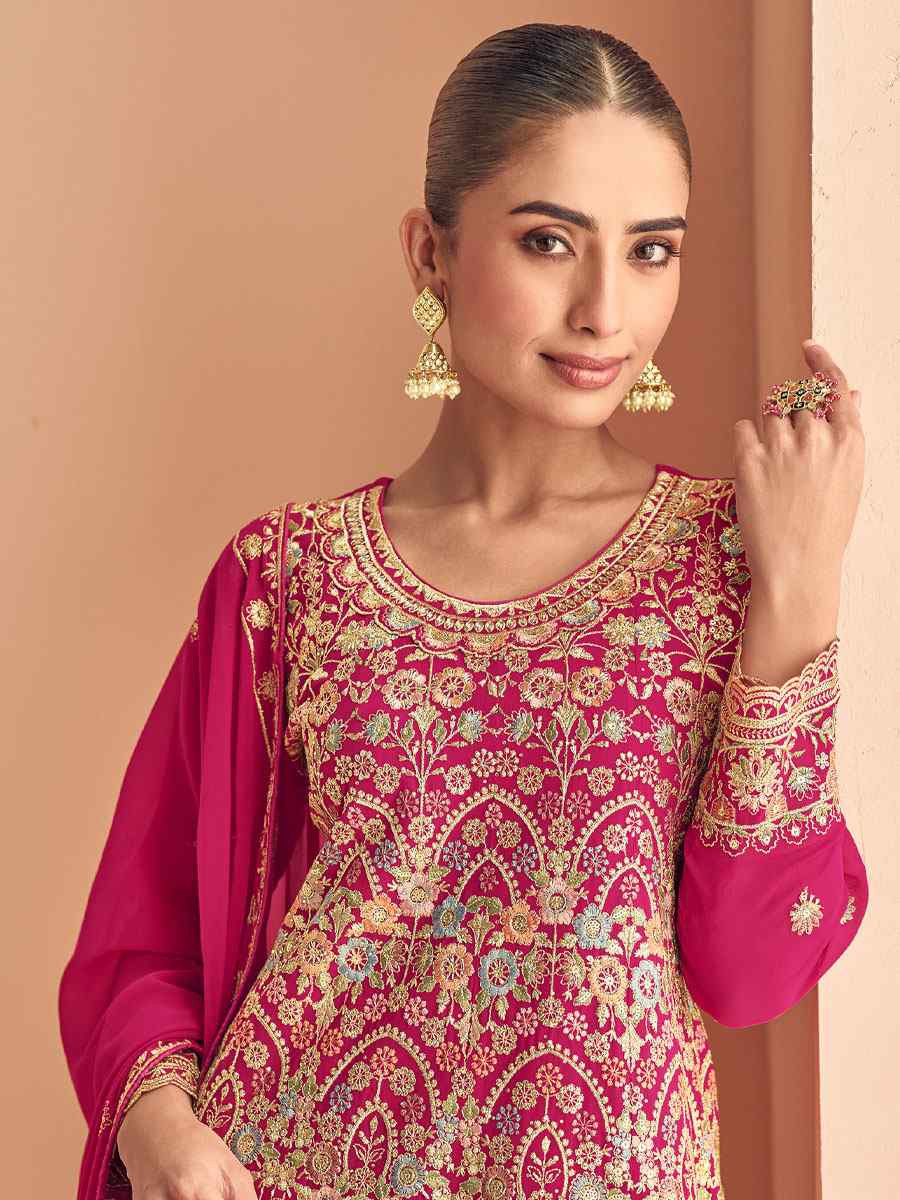 Pink Real Georgette Embroidered Party Wedding Ready Palazzo Pant Salwar Kameez
